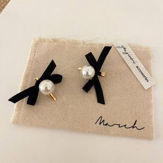 Set Of 2: Bow Faux Pearl Hair Clip 1 Pair - Black - One Size