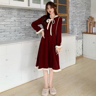 Ribbon Bell-sleeve Midi A-line Corduroy Dress