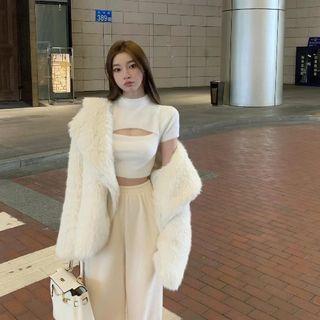 Short-sleeve Cutout Crop Top / Fluffy Jacket / Wide Leg Pants