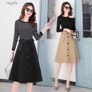 Set: Long-sleeve Cut-out Top + A-line Skirt