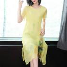 Short-sleeve Print Layered Silk Dress
