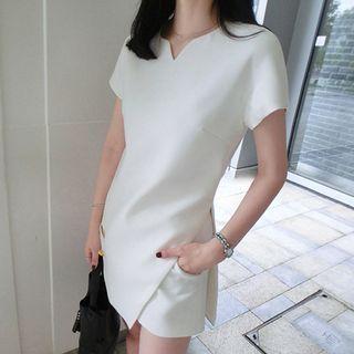 Set: Short-sleeve Slit Mini Sheath Dress + Shorts