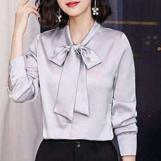 Long-sleeve Tie-neck Silky Blouse