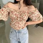 Short-sleeve Floral Print Shirred Blouse Beige & Red - One Size