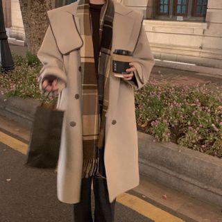 Contrast Trim Collar Double-breasted Coat