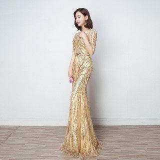 Sequined Ruffled Evening Gown