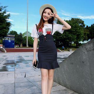 High Waist Denim Suspender Skirt