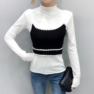 Set: Long-sleeve Knit Top + Spaghetti Strap Top Black - One Size