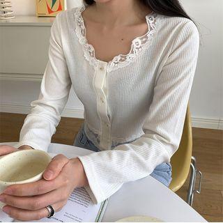 Scallop-lace Trim Cropped Slim Cardigan