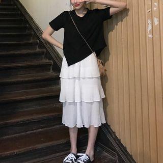 Set: Short-sleeve Asymmetric T-shirt + A-line Midi Tiered Skirt