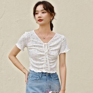 V-neck Drawstring Floral Cropped T-shirt