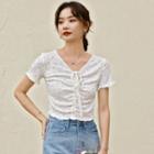 V-neck Drawstring Floral Cropped T-shirt