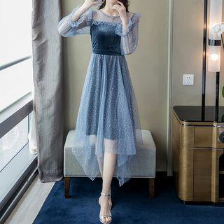 Long-sleeve Velvet Paneled A-line Midi Dress