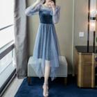 Long-sleeve Velvet Paneled A-line Midi Dress