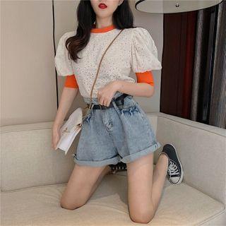 Puff-sleeve Contrast Trim Top Top - Orange - One Size