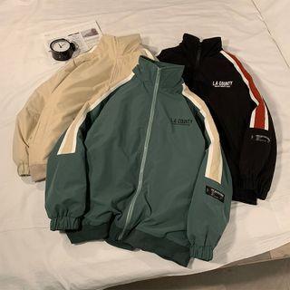 Stand Collar Lettering Fleece-lined Zip-up Jacket