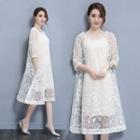 Two-piece Floral Embroidered Loose-fit Crewneck A-line Lace Long Sheath Dress