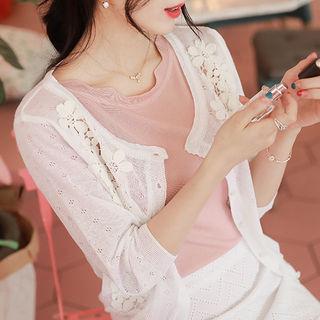 Round-neck 3/4-sleeve Applique Cardigan