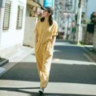 3/4-sleeve Buttoned Drawstring-waist Jumpsuit