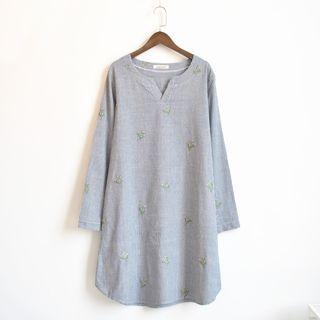 Cactus Embroidered Striped Long Sleeve Dress