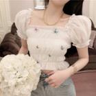 Butterfly Applique Puff-sleeve Cropped Blouse White - One Size