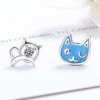 Non-matching 925 Sterling Silver Rhinestone Cat Earring Silver - One Size