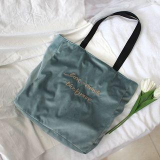 Embroidered Lettering Velvet Tote Bag