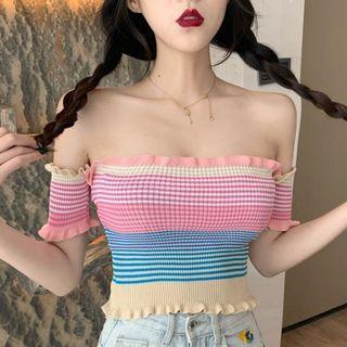 Short-sleeve Off-shoulder Striped Knit Top Pink & Light Blue - One Size