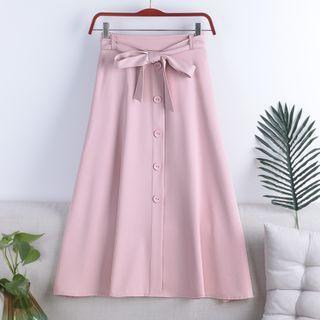 Plain Tie-waist Midi A-line Skirt