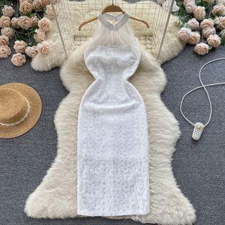 Halter Mesh Panel Lace Dress