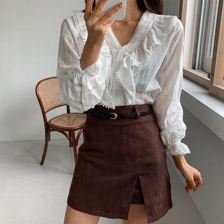 V-neck Ruffle-trim Blouse White - One Size