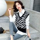 Set: Long-sleeve Plain Shirt + Zebra Print Sweater Vest