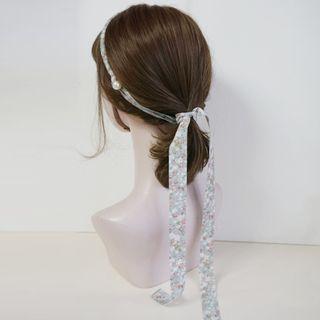 Floral Print Ribbon Faux Pearl Headband