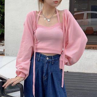 Set : Plain Cropped Camisole Top + Lace-up Long-sleeve Cardigan