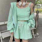 Set: Cropped Camisole Top + Zip Hoodie + High-waist Shorts