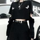 Long-sleeve Butterfly Print Cutout Cropped T-shirt