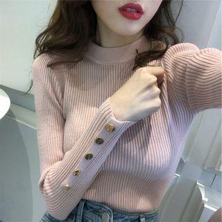 Plain Button-cuff Long-sleeve Knit Top