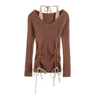 Long-sleeve Halter-neck Drawstring Knit Top