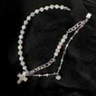 Cross Pendant Faux Pearl Layered Alloy Necklace