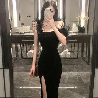 Spaghetti-strap Fluffy Trim Slit Sheath Dress