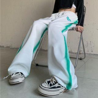 Elastic-waist Contrast Trim Heart Embroidered Pants