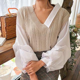 Vest Overlay Asymmetric-collar Shirt Beige - One Size