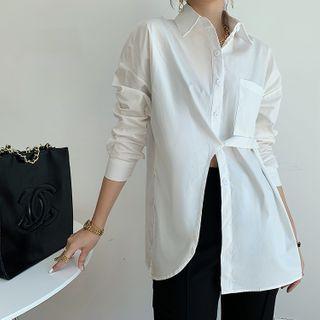 Asymmetric Tie-strap Slit Blouse White - One Size