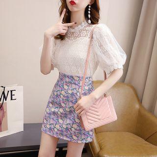 Set: Short-sleeve Lace Top + Floral Skirt