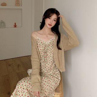 Knit Cardigan + Floral Print Dress