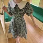 Short-sleeve Flower Print Collared Mini A-line Dress