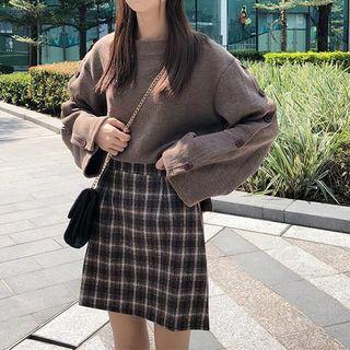 Set: Buttoned Sweatshirt + Plaid Mini A-line Skirt