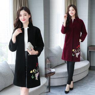 Flower Embroidered Faux Fur Coat