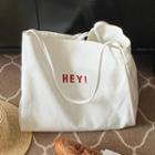 Lettering Embroidered Tote Bag Hey! - Off-white - One Size