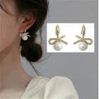 Alloy Bow Faux Pearl Dangle Earring Gold - One Size